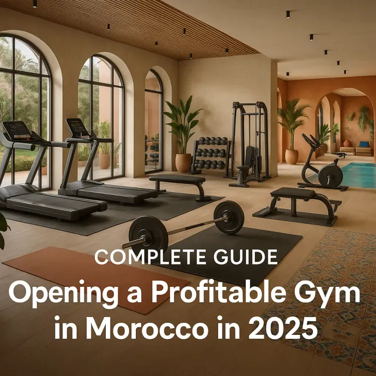 Salle de sport moderne au Maroc avec équipements de fitness haut de gamme et piscine design.