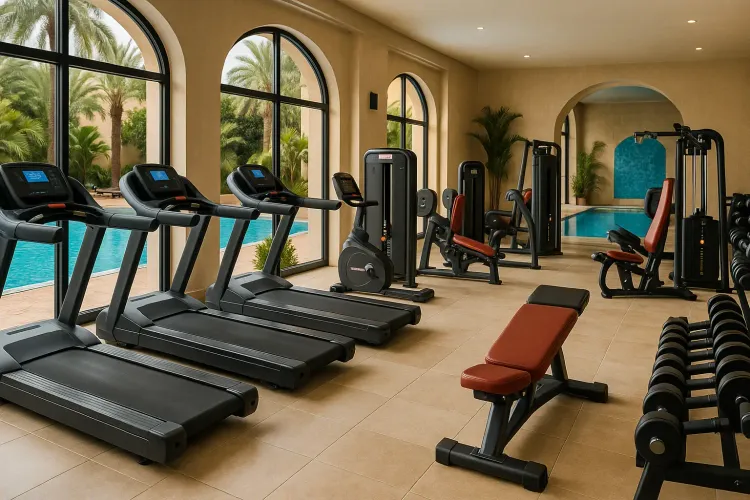 Image d'une salle de sport haut de gamme avec équipements modernes et piscine design, illustrant les normes de sécurité essentielles.