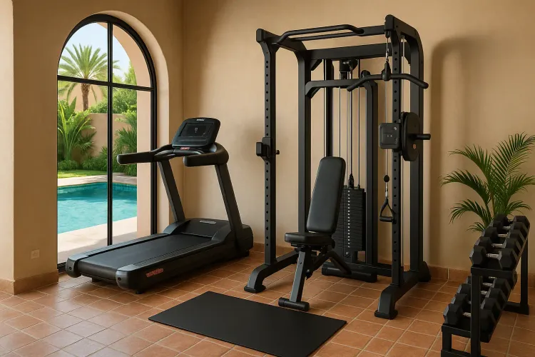 Image d'une salle de sport moderne et élégante avec piscine, optimisée pour maximiser l'espace, évoquant un style de vie actif et bien-être.